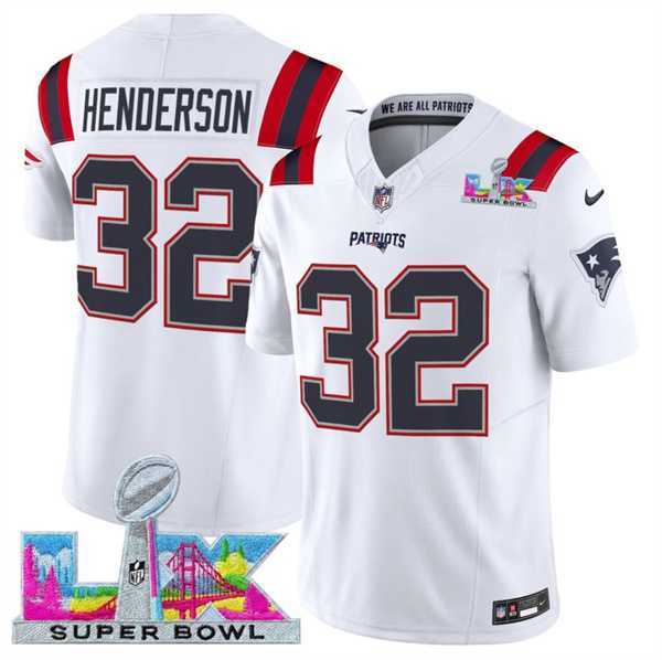 Men%27s New England Patriots #32 TreVeyon Henderson White 2025 F.U.S.E. Super Bowl LX Patch Vapor Limited Stitched Jersey