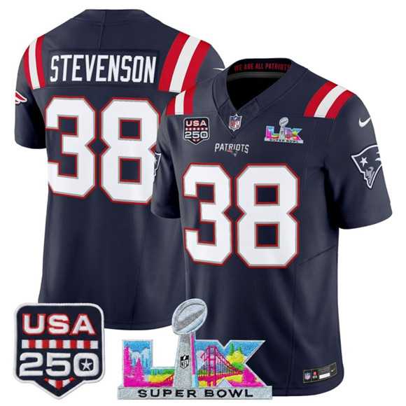 Men%27s New England Patriots #38 Rhamondre Stevenson Navy 2025 F.U.S.E. Super Bowl LX Patch And USA 250%27 Patch Vapor Limited Stitched Jersey