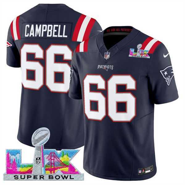 Men%27s New England Patriots #66 Will Campbell Navy 2025 F.U.S.E. Super Bowl LX Patch Vapor Limited Stitched Jersey