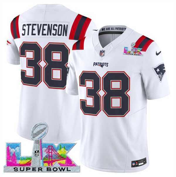 Men%27s New England Patriots #38 Rhamondre Stevenson White 2025 F.U.S.E. Super Bowl LX Patch Vapor Limited Stitched Jersey