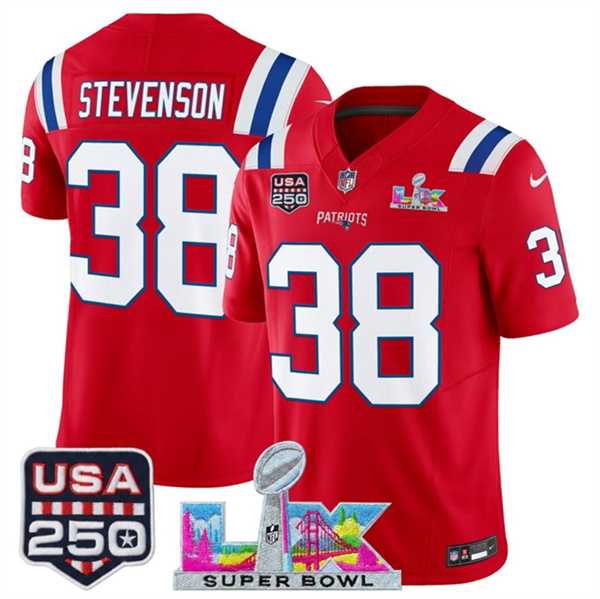 Men%27s New England Patriots #38 Rhamondre Stevenson Red 2025 F.U.S.E. Super Bowl LX Patch And USA 250%27 Patch Vapor Limited Stitched Jersey