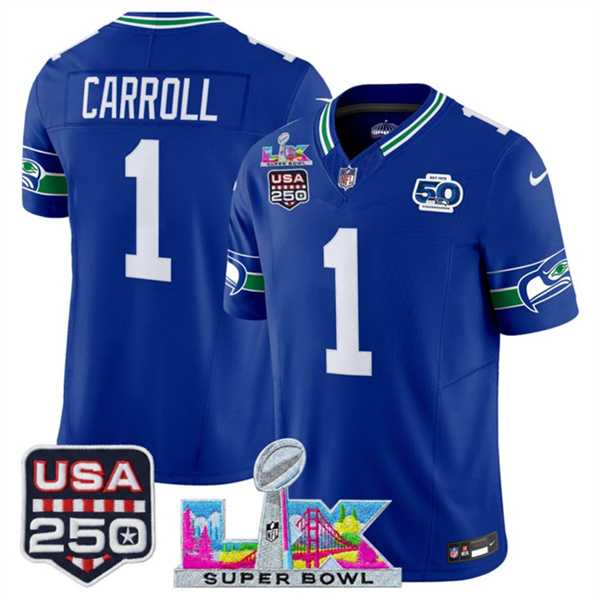 Men%27s Seattle Seahawks #1 Pete Carroll Royal 2025 F.U.S.E. Super Bowl LX Patch And 50th Season & USA 250%27 Patch Vapor Throwback Limited Stitched Jersey