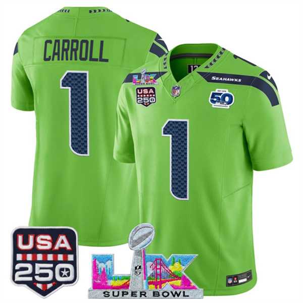 Men%27s Seattle Seahawks #1 Pete Carroll Green 2025 F.U.S.E. Super Bowl LX Patch And 50th Season & USA 250%27 Patch Vapor Limited Stitched Jersey