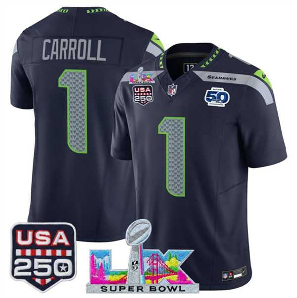 Men%27s Seattle Seahawks #1 Pete Carroll Navy 2025 F.U.S.E. Super Bowl LX Patch And 50th Season & USA 250%27 Patch Vapor Limited Stitched Jersey