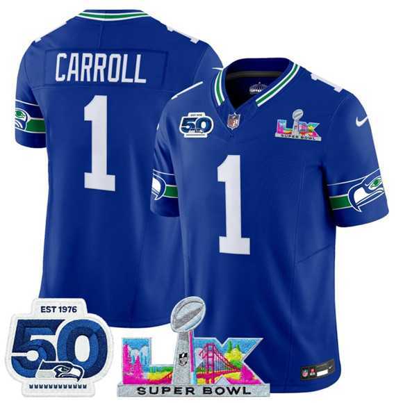 Men%27s Seattle Seahawks #1 Pete Carroll Royal 2025 F.U.S.E. Super Bowl LX Patch And 50th Season Patch Vapor Throwback Limited Stitched Jersey