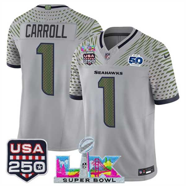 Men%27s Seattle Seahawks #1 Pete Carroll Gray 2025 F.U.S.E. Super Bowl LX & US 250th anniversary Patch And 50th Season Patch %27Rivalries%27 Vapor Limited Stitched Jersey