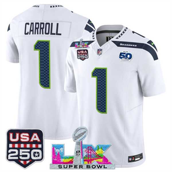 Men%27s Seattle Seahawks #1 Pete Carroll White 2025 F.U.S.E. Super Bowl LX Patch And 50th Season & USA 250%27 Patch Vapor Limited Stitched Jersey
