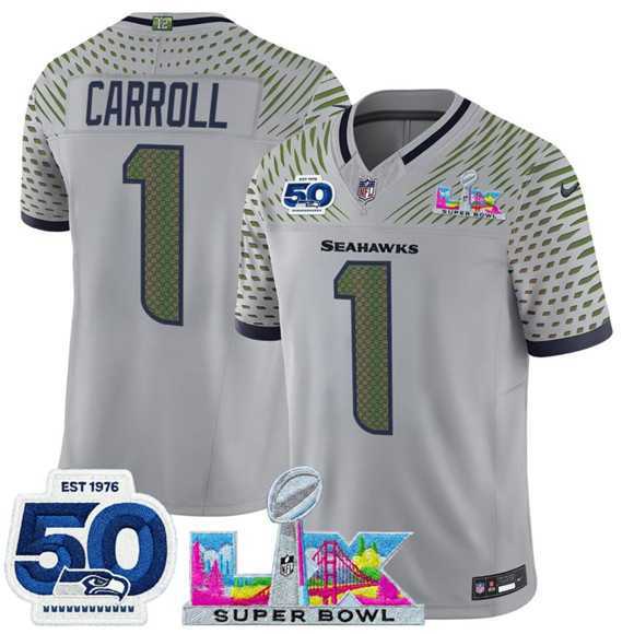 Men%27s Seattle Seahawks #1 Pete Carroll Gray 2025 F.U.S.E. Super Bowl LX Patch And 50th Season Patch %27Rivalries%27 Vapor Limited Stitched Jersey