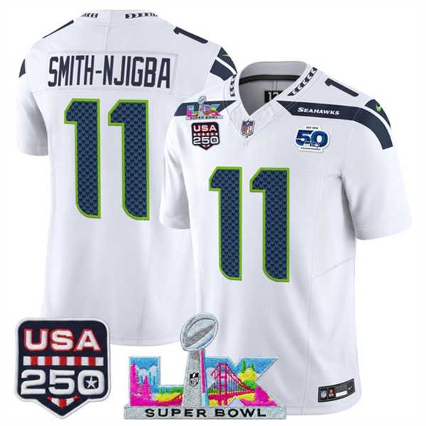 Men%27s Seattle Seahawks #11 Jaxon Smith-Njigba White 2025 F.U.S.E. Super Bowl LX Patch And 50th Season & USA 250%27 Patch Vapor Limited Stitched Jersey