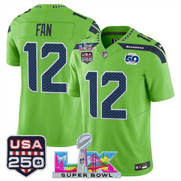 Men%27s Seattle Seahawks #12 Fan Green 2025 F.U.S.E. Super Bowl LX Patch And 50th Season & USA 250%27 Patch Vapor Limited Stitched Jersey