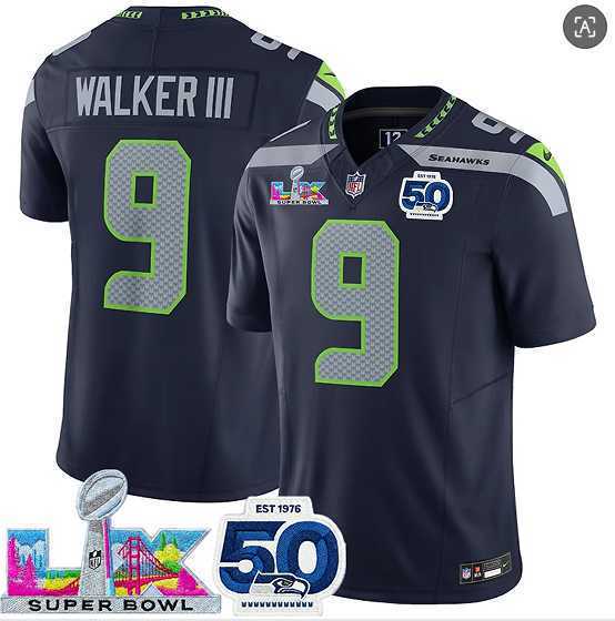 Men%27s Seattle Seahawks #9 Kenneth Walker III Navy 2025 F.U.S.E. Super Bowl LX Patch And 50th Season Patch Vapor Limited Stitched Jersey