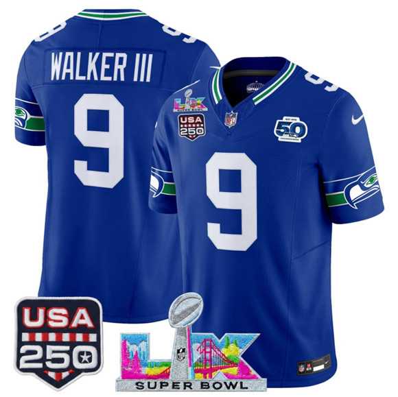 Men%27s Seattle Seahawks #9 Kenneth Walker III Royal 2025 F.U.S.E. Super Bowl LX Patch And 50th Season & USA 250%27 Patch Vapor Throwback Limited Stitched Jersey