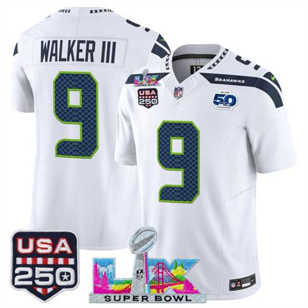 Men%27s Seattle Seahawks #9 Kenneth Walker III White 2025 F.U.S.E. Super Bowl LX Patch And 50th Season & USA 250%27 Patch Vapor Limited Stitched Jersey