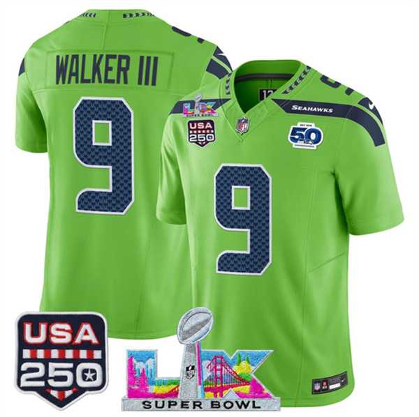 Men%27s Seattle Seahawks #9 Kenneth Walker III Green 2025 F.U.S.E. Super Bowl LX Patch And 50th Season & USA 250%27 Patch Vapor Limited Stitched Jersey