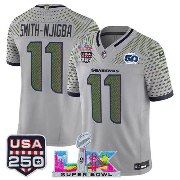 Men%27s Seattle Seahawks #11 Jaxon Smith-Njigba Gray 2025 F.U.S.E. Super Bowl LX & US 250th anniversary Patch And 50th Season Patch %27Rivalries%27 Vapor Limited Stitched Jersey