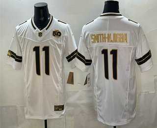 Men%27s Seattle Seahawks #11 Jaxon Smith-Njigba White Gold 2025 FUSE 50th Season Patch Limited Stitched Jersey Dzhi