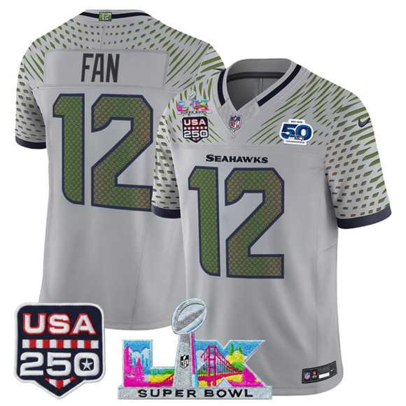 Men%27s Seattle Seahawks #12 Fan Gray 2025 F.U.S.E. Super Bowl LX & US 250th anniversary Patch And 50th Season Patch %27Rivalries%27 Vapor Limited Stitched Jersey