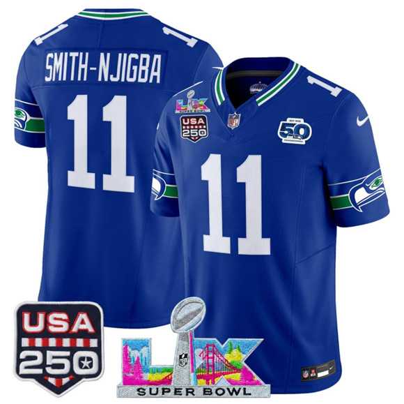 Men%27s Seattle Seahawks #11 Jaxon Smith-Njigba Royal 2025 F.U.S.E. Super Bowl LX Patch And 50th Season & USA 250%27 Patch Vapor Throwback Limited Stitched Jersey