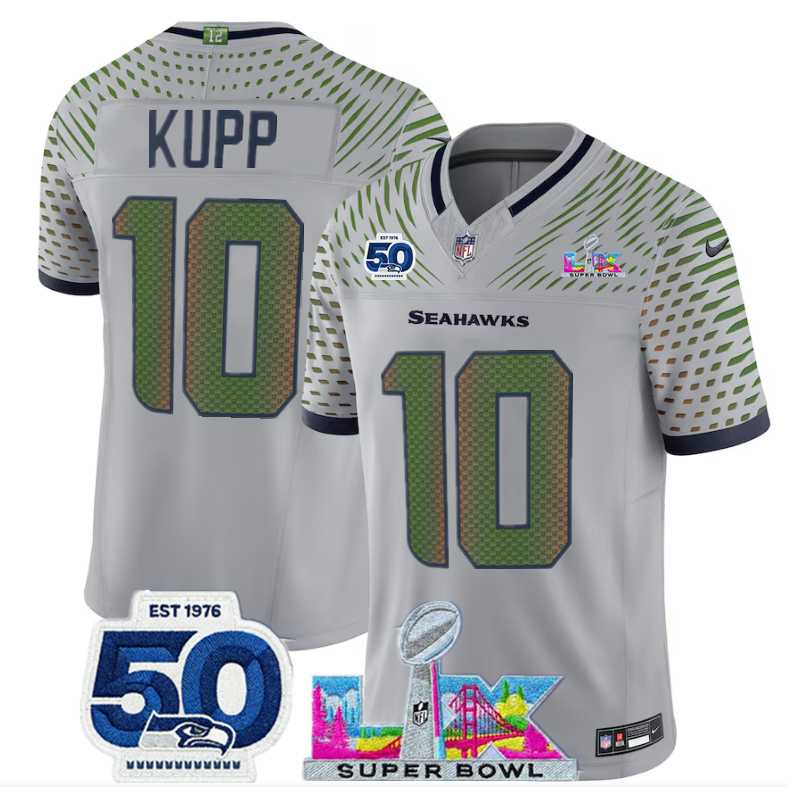 Men%27s Seattle Seahawks #10 Cooper Kupp Grey 2025 F.U.S.E. Super Bowl LX Patch And 50th Season Patch %27Rivalries%27 Vapor Limited Stitched Jersey