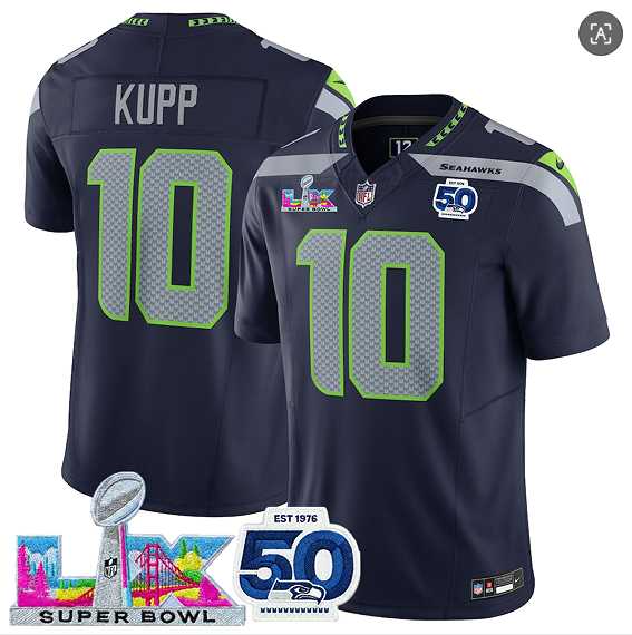 Men%27s Seattle Seahawks #10 Cooper Kupp Navy 2025 F.U.S.E. Super Bowl LX Patch And 50th Season Vapor Limited Stitched Jersey