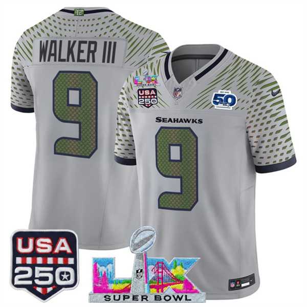 Men%27s Seattle Seahawks #9 Kenneth Walker III Gray 2025 F.U.S.E. Super Bowl LX & US 250th anniversary Patch And 50th Season Patch %27Rivalries%27 Vapor Limited Stitched Jersey