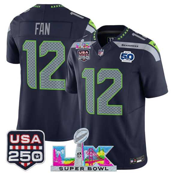 Men%27s Seattle Seahawks #12 Fan Navy 2025 F.U.S.E. Super Bowl LX Patch And 50th Season Patch Vapor Limited Football Stitched Jersey