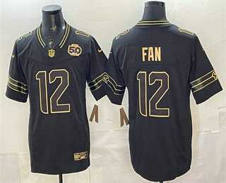 Men%27s Seattle Seahawks #12 Fan Black Gold 2025 FUSE 50th Season Patch Limited Stitched Jersey Dzhi