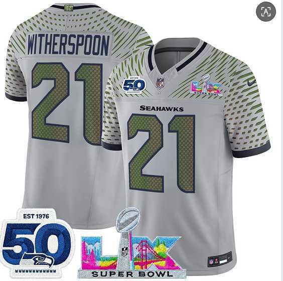 Men%27s Seattle Seahawks #21 Devon Witherspoon Gray 2025 F.U.S.E. Super Bowl LX Patch And 50th Season Patch %27Rivalries%27 Vapor Limited Stitched Jersey