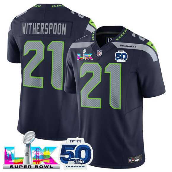 Men%27s Seattle Seahawks #21 Devon Witherspoon Navy 2025 F.U.S.E. Super Bowl LX Patch And 50th Season Patch Vapor Limited Stitched Jersey