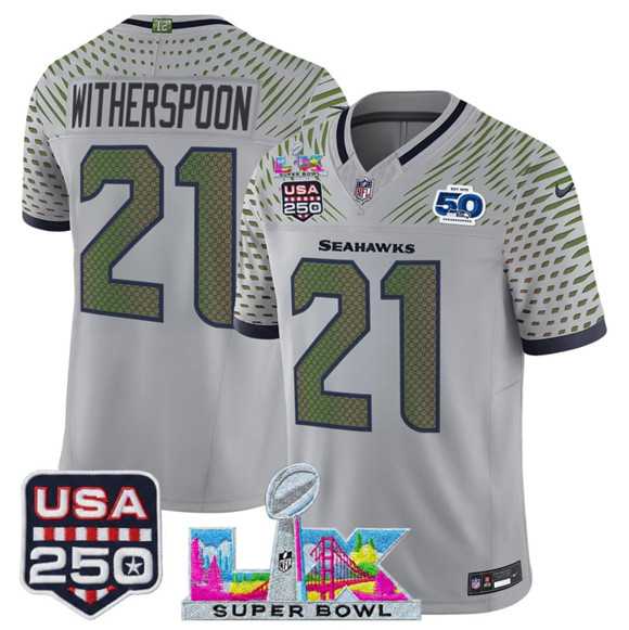 Men%27s Seattle Seahawks #21 Devon Witherspoon Gray 2025 F.U.S.E. Super Bowl LX & US 250th anniversary Patch And 50th Season Patch %27Rivalries%27 Vapor Limited Stitched Jersey