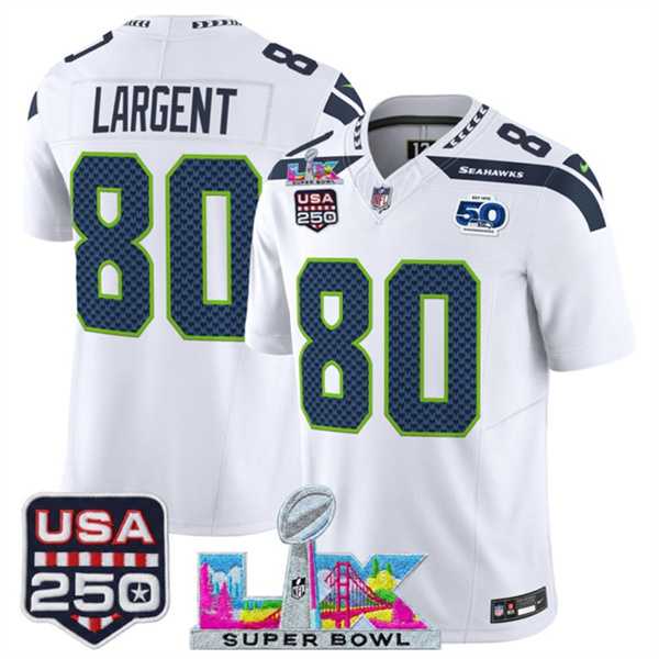 Men%27s Seattle Seahawks #80 Steve Largent White 2025 F.U.S.E. Super Bowl LX Patch And 50th Season & USA 250%27 Patch Vapor Limited Stitched Jersey
