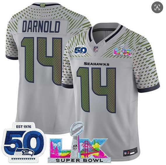 Men%27s Seattle Seahawks #14 Sam Darnold Gray 2025 F.U.S.E. Super Bowl LX Patch And 50th Season Patch %27Rivalries%27 Vapor Limited Stitched Jersey