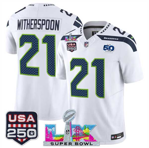 Men%27s Seattle Seahawks #21 Devon Witherspoon White 2025 F.U.S.E. Super Bowl LX Patch And 50th Season & USA 250%27 Patch Vapor Limited Stitched Jersey