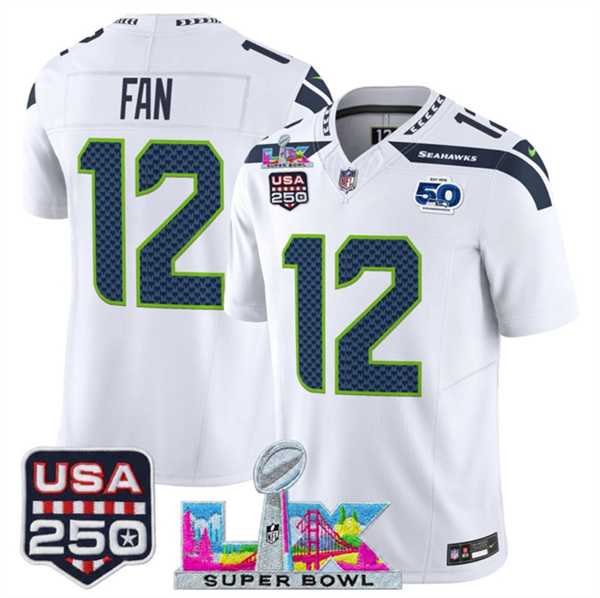 Men%27s Seattle Seahawks #12 Fan White 2025 F.U.S.E. Super Bowl LX Patch And 50th Season & USA 250%27 Patch Vapor Limited Stitched Jersey