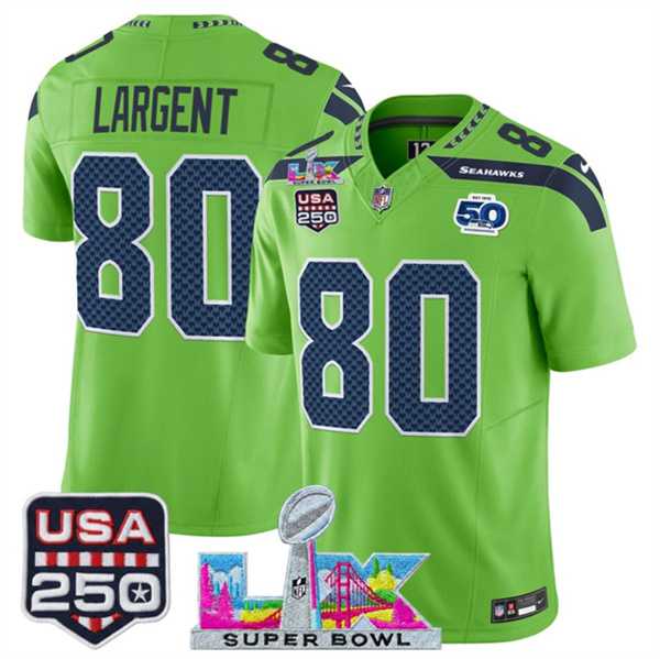 Men%27s Seattle Seahawks #80 Steve Largent Green 2025 F.U.S.E. Super Bowl LX Patch And 50th Season & USA 250%27 Patch Vapor Limited Stitched Jersey