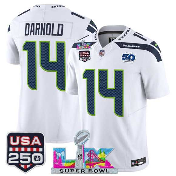 Men%27s Seattle Seahawks #14 Sam Darnold White 2025 F.U.S.E. Super Bowl LX Patch And 50th Season & USA 250%27 Patch Vapor Limited Stitched Jersey