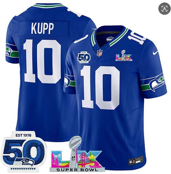 Men%27s Seattle Seahawks#10 Cooper Kupp Royal 2025 F.U.S.E. Super Bowl LX Patch And 50th Season Patch Vapor Throwback Limited Stitched Jersey