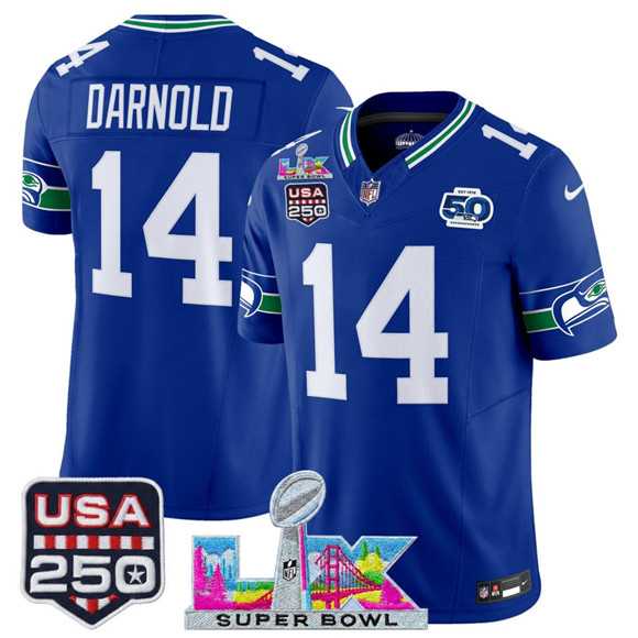 Men%27s Seattle Seahawks #14 Sam Darnold Royal 2025 F.U.S.E. Super Bowl LX Patch And 50th Season & USA 250%27 Patch Vapor Throwback Limited Stitched Jersey