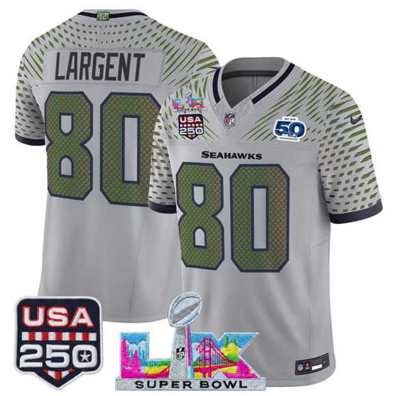 Men%27s Seattle Seahawks #80 Steve Largent Gray 2025 F.U.S.E. Super Bowl LX & US 250th anniversary Patch And 50th Season Patch %27Rivalries%27 Vapor Limited Stitched Jersey