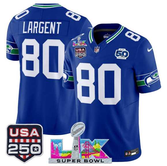 Men%27s Seattle Seahawks #80 Steve Largent Royal 2025 F.U.S.E. Super Bowl LX Patch And 50th Season & USA 250%27 Patch Vapor Throwback Limited Stitched Jersey