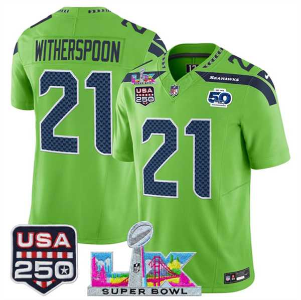 Men%27s Seattle Seahawks #21 Devon Witherspoon Green 2025 F.U.S.E. Super Bowl LX Patch And 50th Season & USA 250%27 Patch Vapor Limited Stitched Jersey