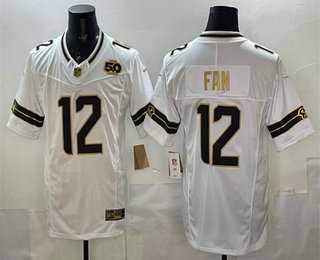 Men%27s Seattle Seahawks #12 Fan White Gold 2025 FUSE 50th Season Patch Limited Stitched Jersey Dzhi