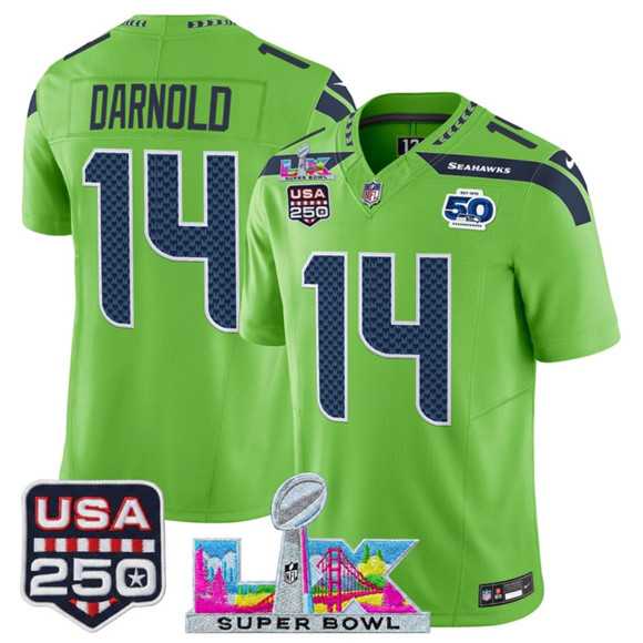 Men%27s Seattle Seahawks #14 Sam Darnold Green 2025 F.U.S.E. Super Bowl LX Patch And 50th Season & USA 250%27 Patch Vapor Limited Stitched Jersey
