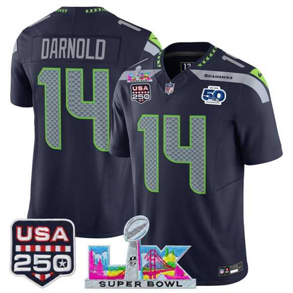 Men%27s Seattle Seahawks #14 Sam Darnold Navy 2025 F.U.S.E. Super Bowl LX Patch And 50th Season & USA 250%27 Patch Vapor Throwback Limited Stitched Jersey