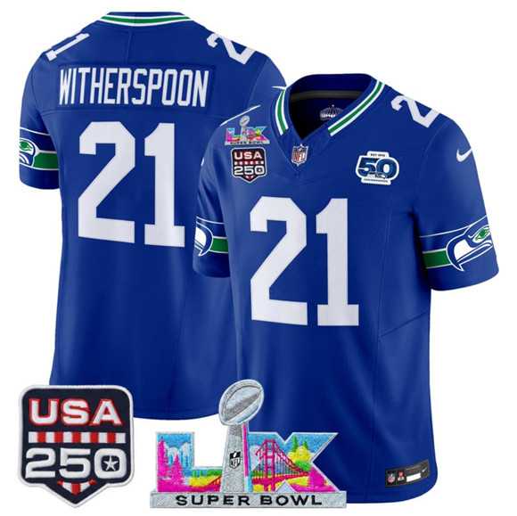 Men%27s Seattle Seahawks #21 Devon Witherspoon Royal 2025 F.U.S.E. Super Bowl LX Patch And 50th Season & USA 250%27 Patch Vapor Throwback Limited Stitched Jersey