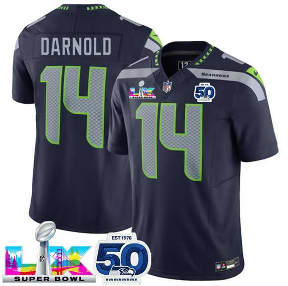 Men%27s Seattle Seahawks #14 Sam Darnold Navy 2025 F.U.S.E. Super Bowl LX Patch And 50th Season Patch Vapor Limited Stitched Jersey