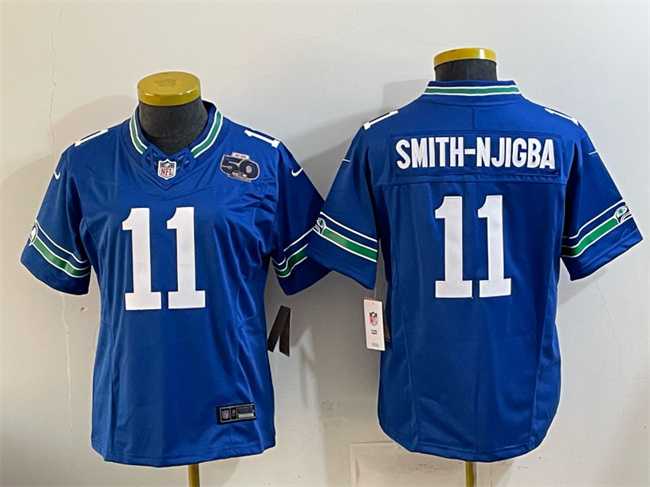 Women%27s Seattle Seahawks #11 Jaxon Smith-Njigba Royal 2024 F.U.S.E 50th Anniversary Patch Throwback Vapor Stitched Jersey Dzhi