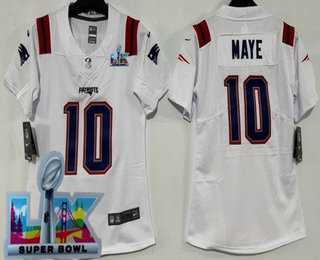 Women%27s New England Patriots #10 Drake Maye Limited White Super Bowl LX Vapor Jersey