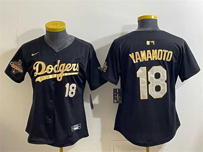 Women%27s Los Angeles Dodgers #18 Yoshinobu Yamamoto Black Gold 2025 World Series Champions Patch Limited Stitched Jersey Dzhi