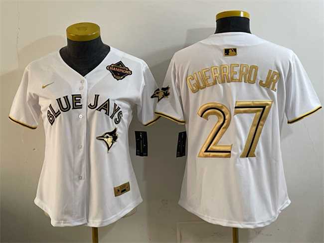 Women%27s Toronto Blue Jays #27 Vladimir Guerrero Jr. White Gold 2025 American League Champions Limited Stitched Jersey Dzhi